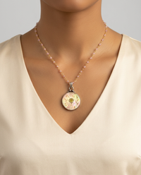 Victorian Tinted Carved Shell w/ Tourmaline Center set in Sterling Silver With Facet Pink Quartz & Gold 18" Necklace — worn on model