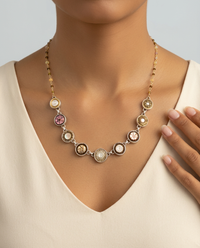 Victorian Tinted Carved Shell w/ Steel Center 9 Button set in Sterling Silver Necklace 18-20" — worn on model