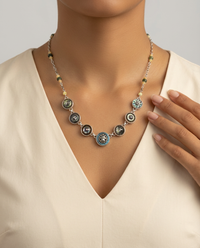 Victorian Tinted Carved Shell w/ Steel Center 7 Button set in Sterling Silver Necklace 18-20" — worn on model