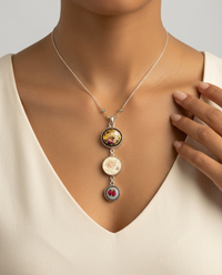 Victorian 3 Button Drop Necklace set in Sterling Silver w/ Labradorite facet stone Necklace Accent — worn on model