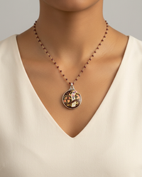 Victorian Hand Painted Enamel Necklace set in Sterling Silver w/ 19" Facet Garnet & Gold Rosary Accent — worn on model