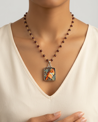 Arita Toshikane Bird Necklace set in Sterling Silver w/ 19" Facet Garnet & Gold Rosary Accent — worn on model