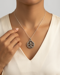 Victorian Fleur Du Lys Rhinestone and White Metal Button set in Sterling Silver w/ 18" Satellite Sterling Chain Accent — worn on model