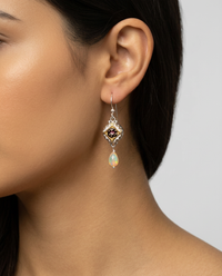 Victorian Hand Painted French Enamel Button Earrings set in Sterling Silver w/ Ethiopian Opal Facet Stone Accent — worn on model