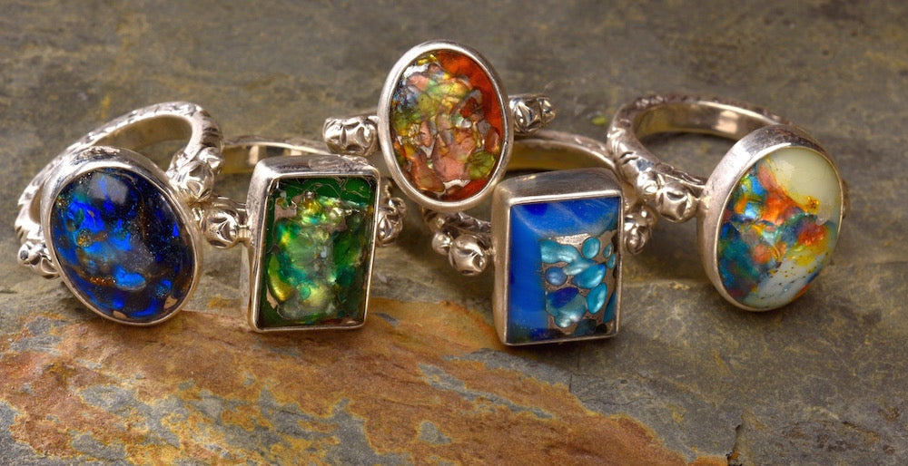 Leo Popper Glass Buttons set In Sterling Rings