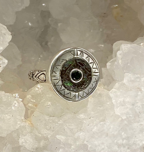 Victorian Carved Shell Antique Button with Tourmaline Facet Center Stone set in Sterling Silver Ring Size 7-1/2