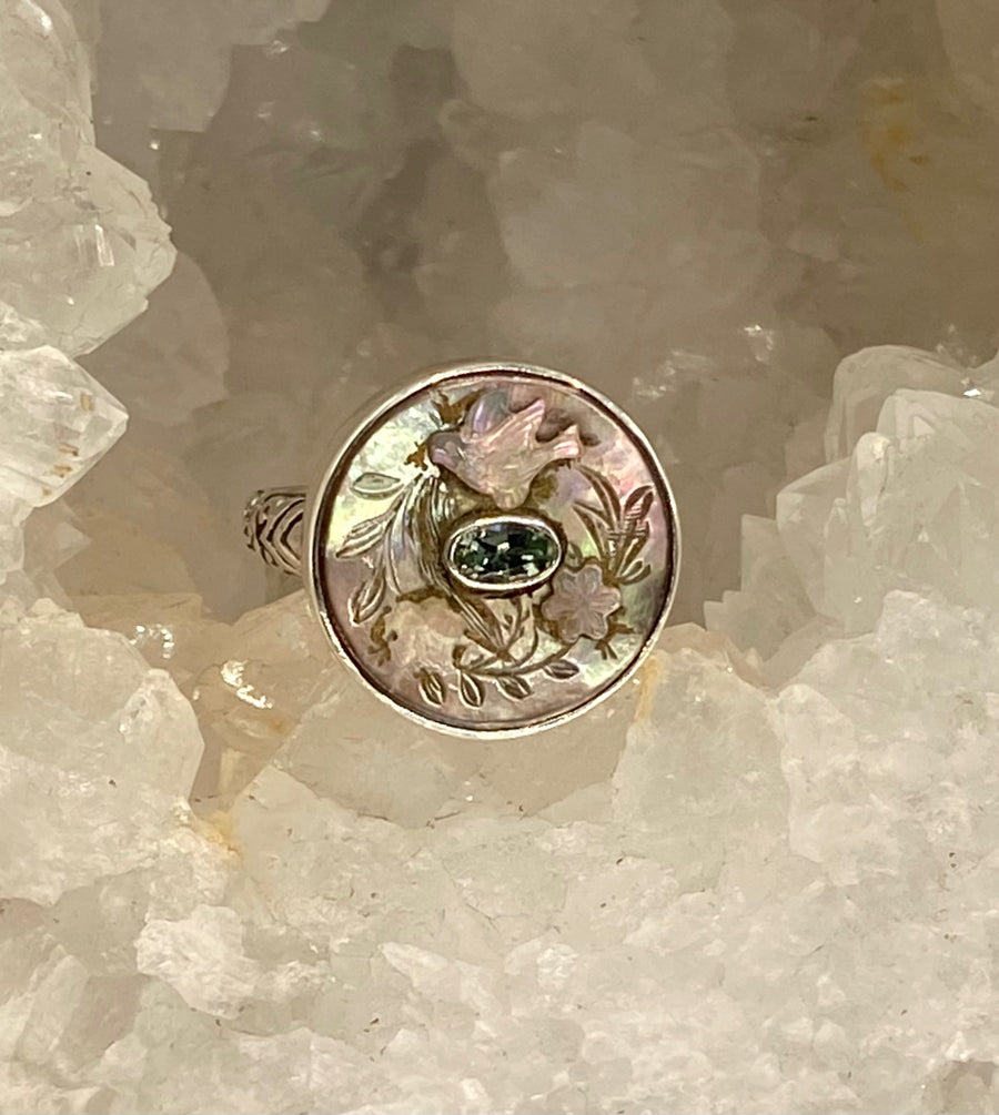 Victorian Carved Shell  Bird Design Antique Button with Topaz Facet Center Stone set in Sterling Silver Ring Size 7-1/2