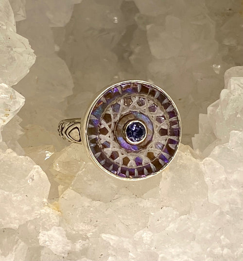 Victorian Carved Shell Antique Button with Iolite Facet Center Stone set in Sterling Silver Ring Size 8-1/2