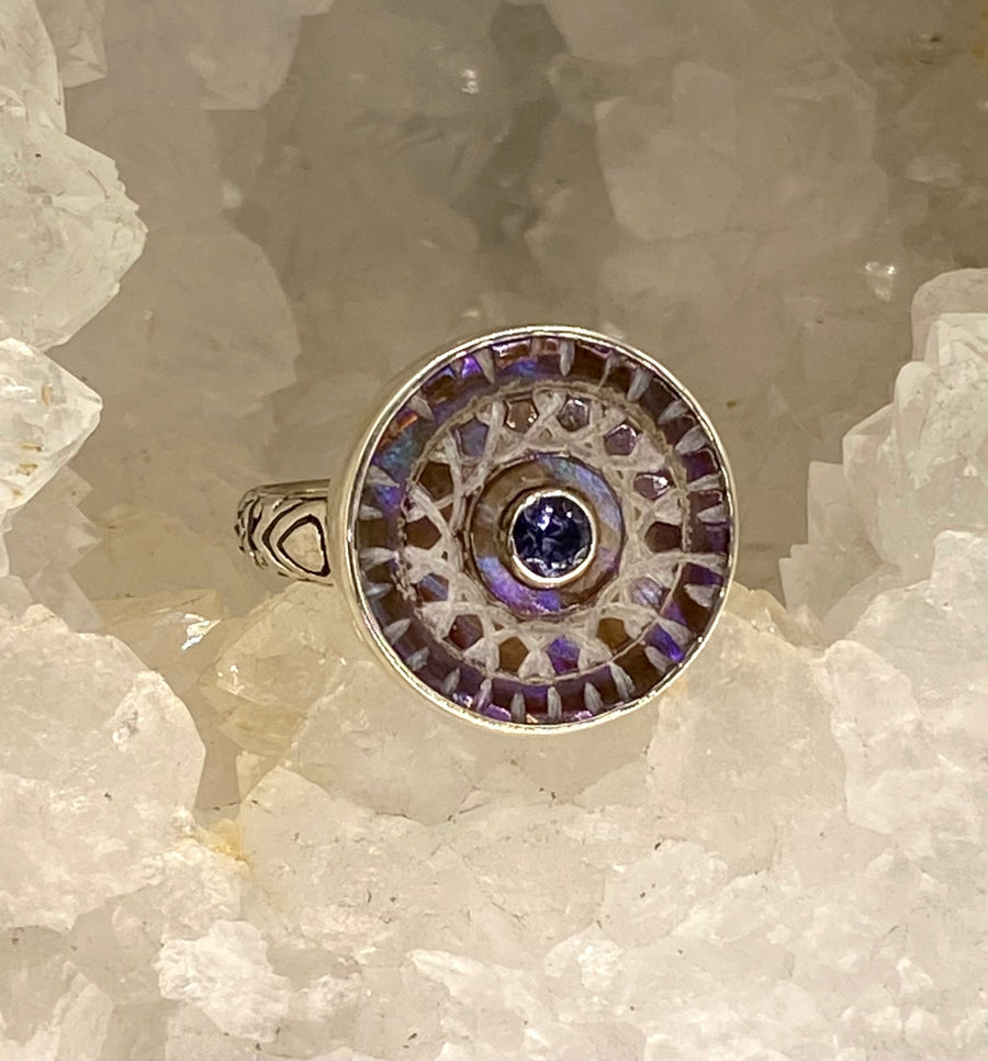 Victorian Carved Shell Antique Button with Iolite Facet Center Stone set in Sterling Silver Ring Size 8-1/2