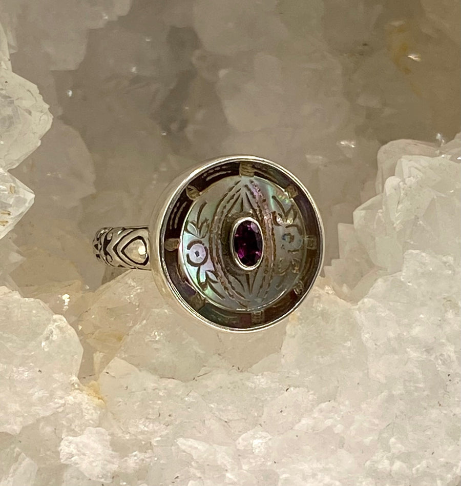 Victorian Carved Shell Antique Button with Amethyst Facet Center Stone set in Sterling Silver Ring Size 7-1/2