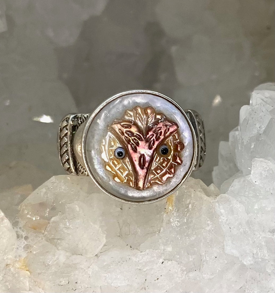 Victorian Carved Shell Antique Button with Carved Owl Face Image set in Sterling Silver Ring Size 9