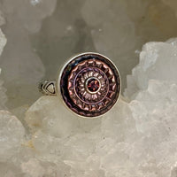 Victorian Carved Shell  Bird Design Antique Button with Garnet Facet Center Stone set in Sterling Silver Ring Size 7-1/2