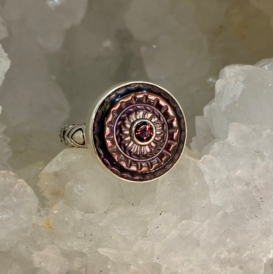 Victorian Carved Shell  Bird Design Antique Button with Garnet Facet Center Stone set in Sterling Silver Ring Size 7-1/2