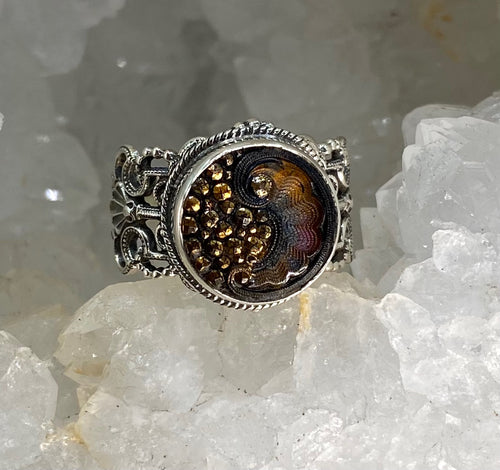 Lacy Glass Czech Republic Rare Antique Button set in  Filigree Sterling Silver Ring Size 8