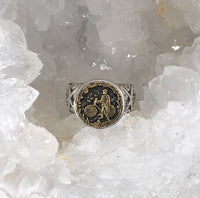 Victorian Picture Metal Man on Bicycle Button set in Sterling Silver Ring Design Size 7.5