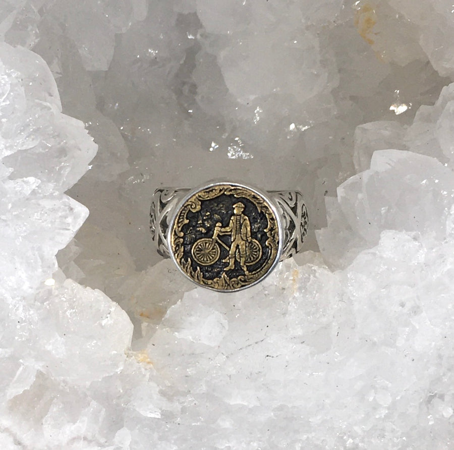 Victorian Picture Metal Man on Bicycle Button set in Sterling Silver Ring Design Size 7.5