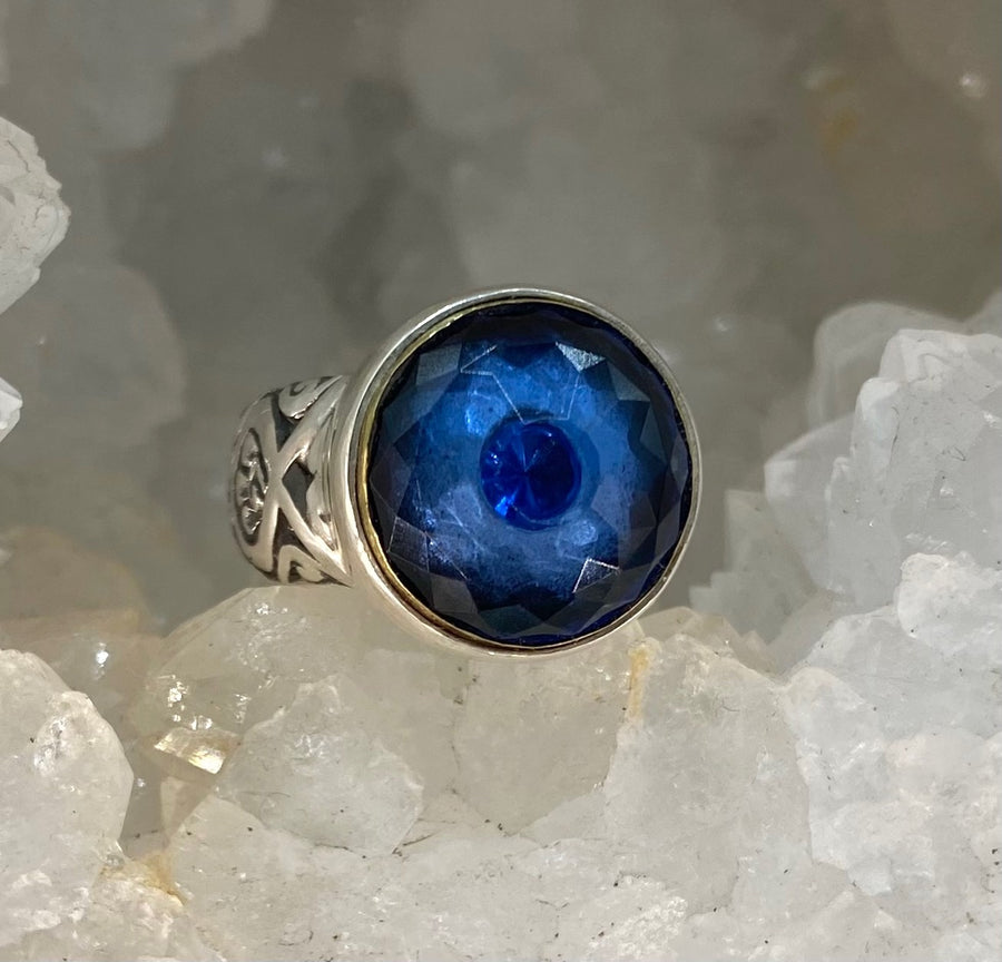 Victorian Facet Blue Glass in Metal Antique Button set in Sterling Silver Ring Size 7-1/2