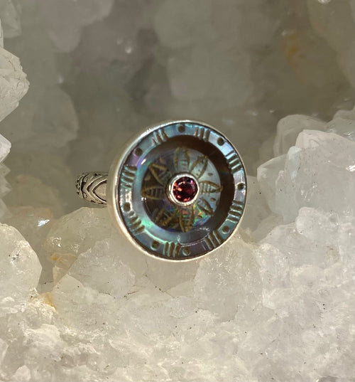 Victorian Carved Shell Antique Button with Garnet Facet Center Stone set in Sterling Silver Ring Size 7-1/2
