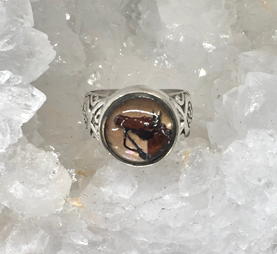 Victorian Luster Glass in Metal  Pearl Base w/ Horse Button set in Sterling Silver Ring Size 7.5