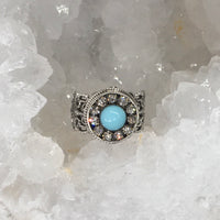 Victorian Blue Glass w/ Rhinestone Paste Border set in Sterling Silver Ring Size 7.5