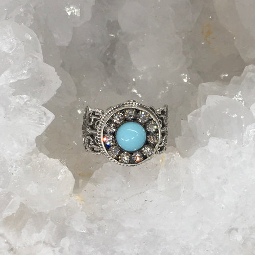 Victorian Blue Glass w/ Rhinestone Paste Border set in Sterling Silver Ring Size 7.5