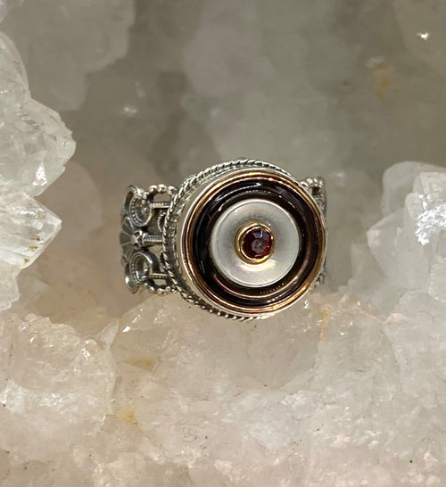 Victorian Carved Shell Antique Button with Garnet Facet Center Stone set in Filigree Sterling Silver Ring Size 8