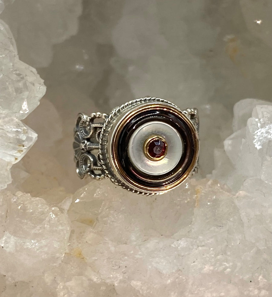 Victorian Carved Shell Antique Button with Garnet Facet Center Stone set in Filigree Sterling Silver Ring Size 8