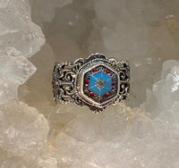 Victorian Antique Button Czech Glass set in Sterling Silver Filigree Ring Size 8-1/2