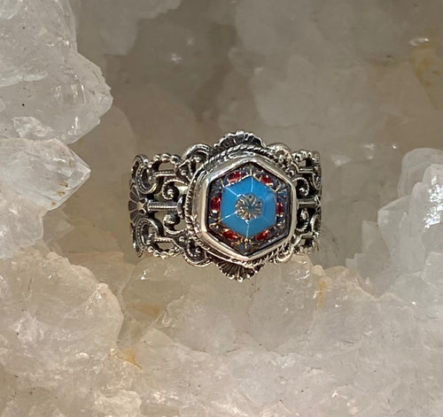 Victorian Antique Button Czech Glass set in Sterling Silver Filigree Ring Size 8-1/2