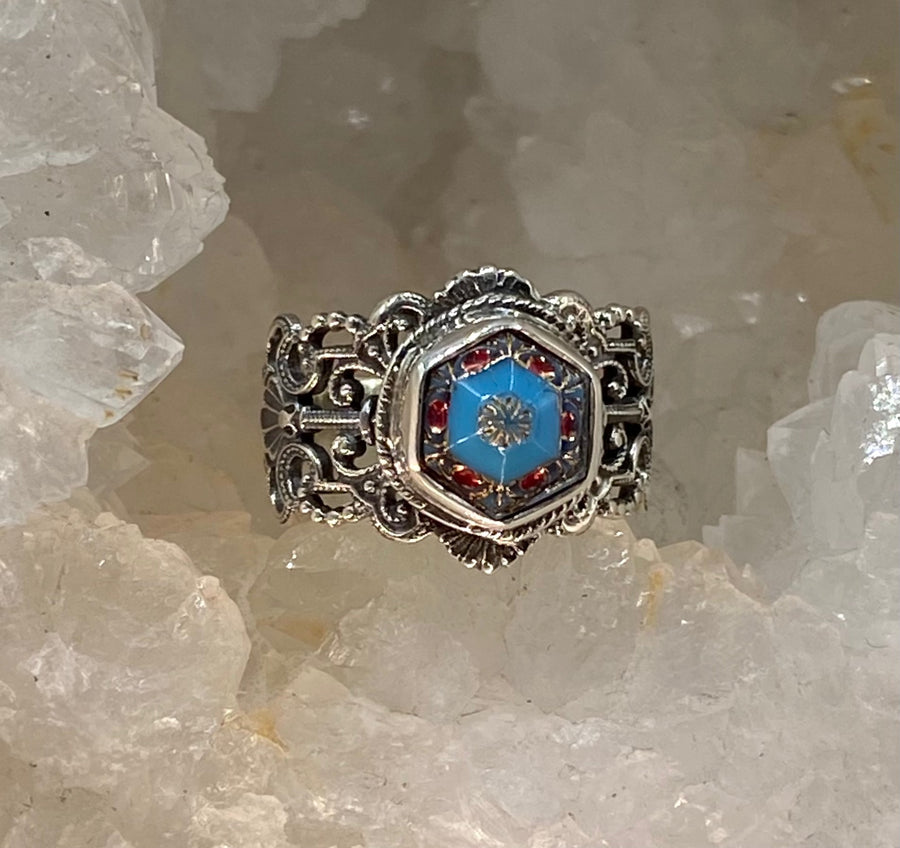 Victorian Antique Button Czech Glass set in Sterling Silver Filigree Ring Size 8-1/2