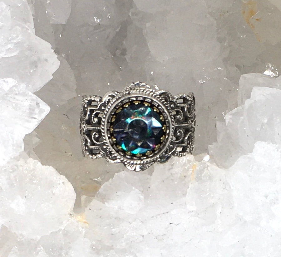 Victorian Tinted shell Button set in Sterling silver Filigree Ring Design Size 8