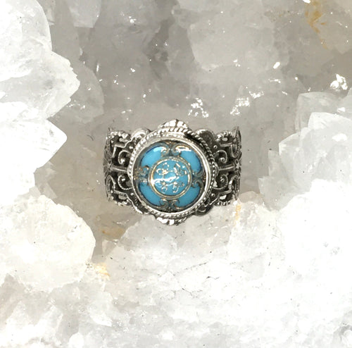 Victorian Robins Egg Blue Painted Glass Button set in Sterling Silver Filigree Ring Design Size 8