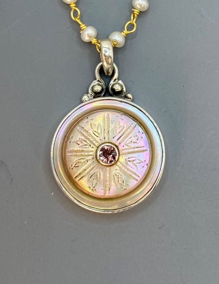 Victorian Carved Pearl Button with Tourmaline facet center Pendant 7/8" diameter set in Sterling Silver w/ Pearl Rosary