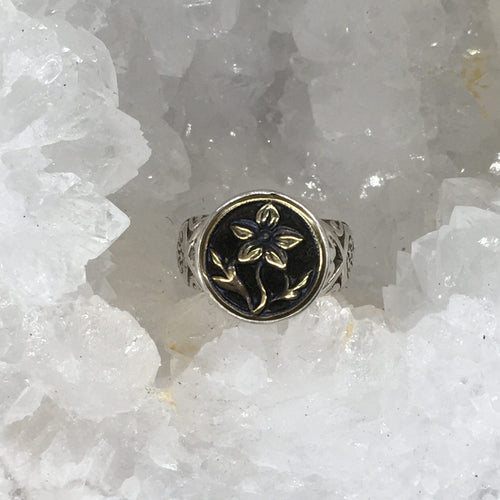 Victorian Perfume Button w/ Burgundy Velvet Back w/ Brass flower Button set in Sterling Silver Ring Design Size 8