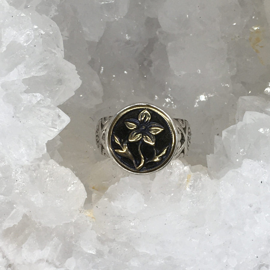 Victorian Perfume Button w/ Burgundy Velvet Back w/ Brass flower Button set in Sterling Silver Ring Design Size 8