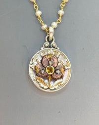 Victorian Carved Pearl Button with Tourmaline facet center  Design Pendant 7/8" diameter set in Sterling Silver w/ Pearl Rosary