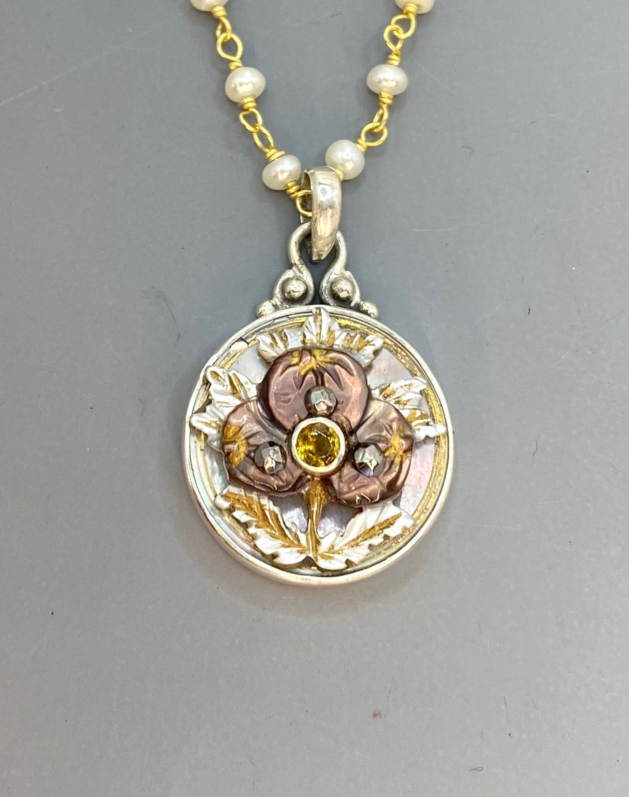 Victorian Carved Pearl Button with Tourmaline facet center  Design Pendant 7/8" diameter set in Sterling Silver w/ Pearl Rosary