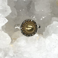 Victorian Gold Glass Button set in Sterling Silver Ring Design Size 8