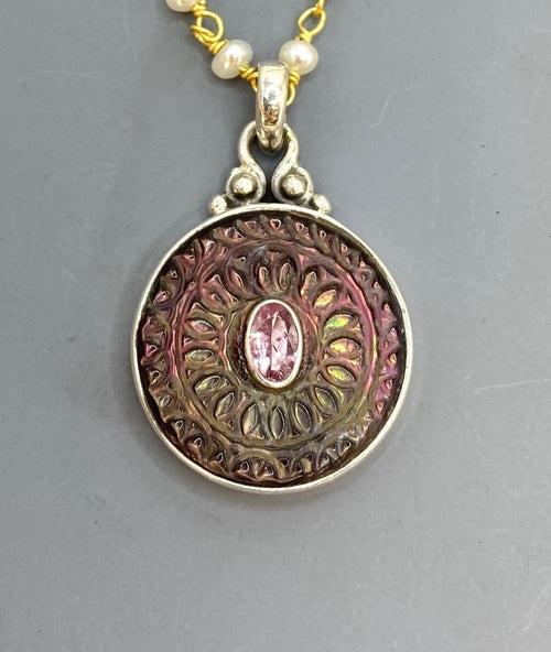 Victorian Carved Pearl Button with Tourmaline facet center a Pendant 7/8" diameter set in Sterling Silver w/ Pearl Rosary