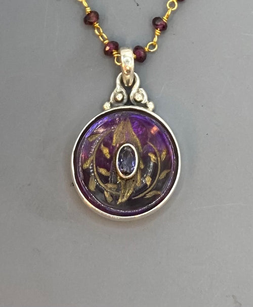 Victorian Carved Tinted Pearl Button with Topaz facet center w/ Steel Facet Design Pendant 7/8" diameter set in Sterling Silver w/ Garnet Rosary