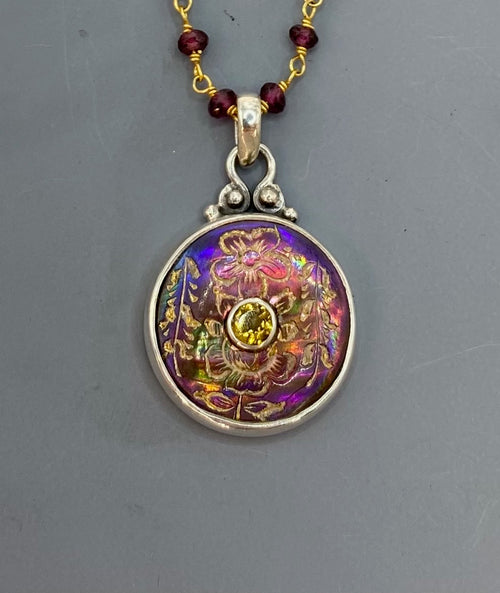 Victorian Carved Pearl Button with Tourmaline facet center w/ Steel Facet Design Pendant 7/8" diameter set in Sterling Silver w/ Garnet Rosary