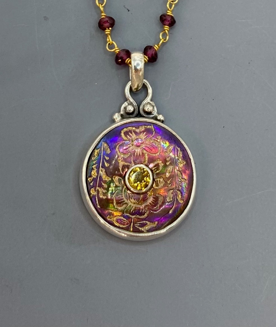 Victorian Carved Pearl Button with Tourmaline facet center w/ Steel Facet Design Pendant 7/8" diameter set in Sterling Silver w/ Garnet Rosary