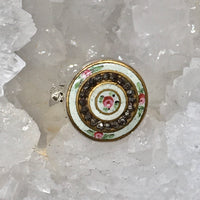 Victorian Enamel Floral w/ Steel Facet Button set in Sterling Silver Ring Design Size 8