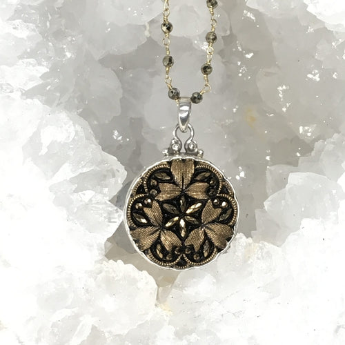 Vintage Luster Gold & Black Czech Glass Button set in sterling Silver Pendant w/ Pyrrite Stone Rosary