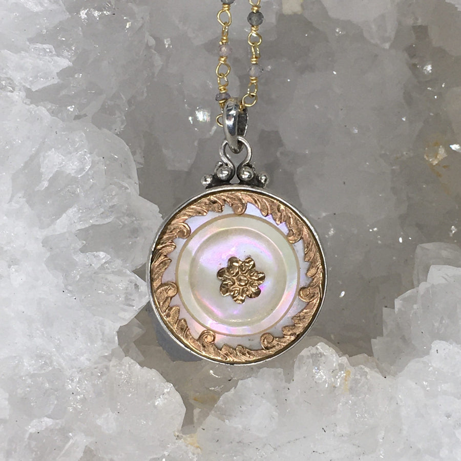 Victorian Irridescent Pearl w/ Ornate Brass Border Button set in Sterling silver pendant w/ Tourmaline Stone Necklace