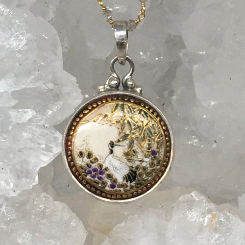 Satsuma hand painted Porcelain Bird image Button Accented w/24K gold paint set in Sterling silver pendant w/ Labradorite stone rosary accent
