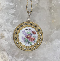 Victorian Floral White Enamel W/ Open Work Metal & Steel Accent Border Button set in sterling silver Pendant w/ Pyrite Stone Rosary Accent