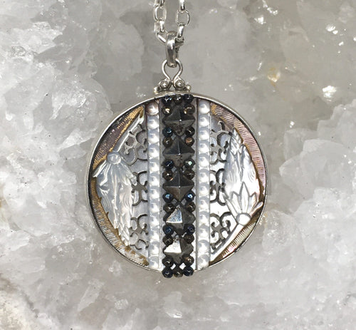 Victorian Carved Pearl Ornate Floral Button with Steel Carved Center Design Button set in sterling Silver Pendant w/ Sterling Chain Accent