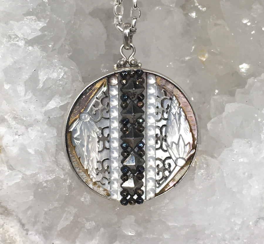 Victorian Carved Pearl Ornate Floral Button with Steel Carved Center Design Button set in sterling Silver Pendant w/ Sterling Chain Accent