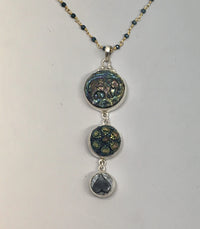 Victorian Three Button Drop Luster Glass Necklace  set in Sterling Silver Pendant w/ spinnel Stone necklace